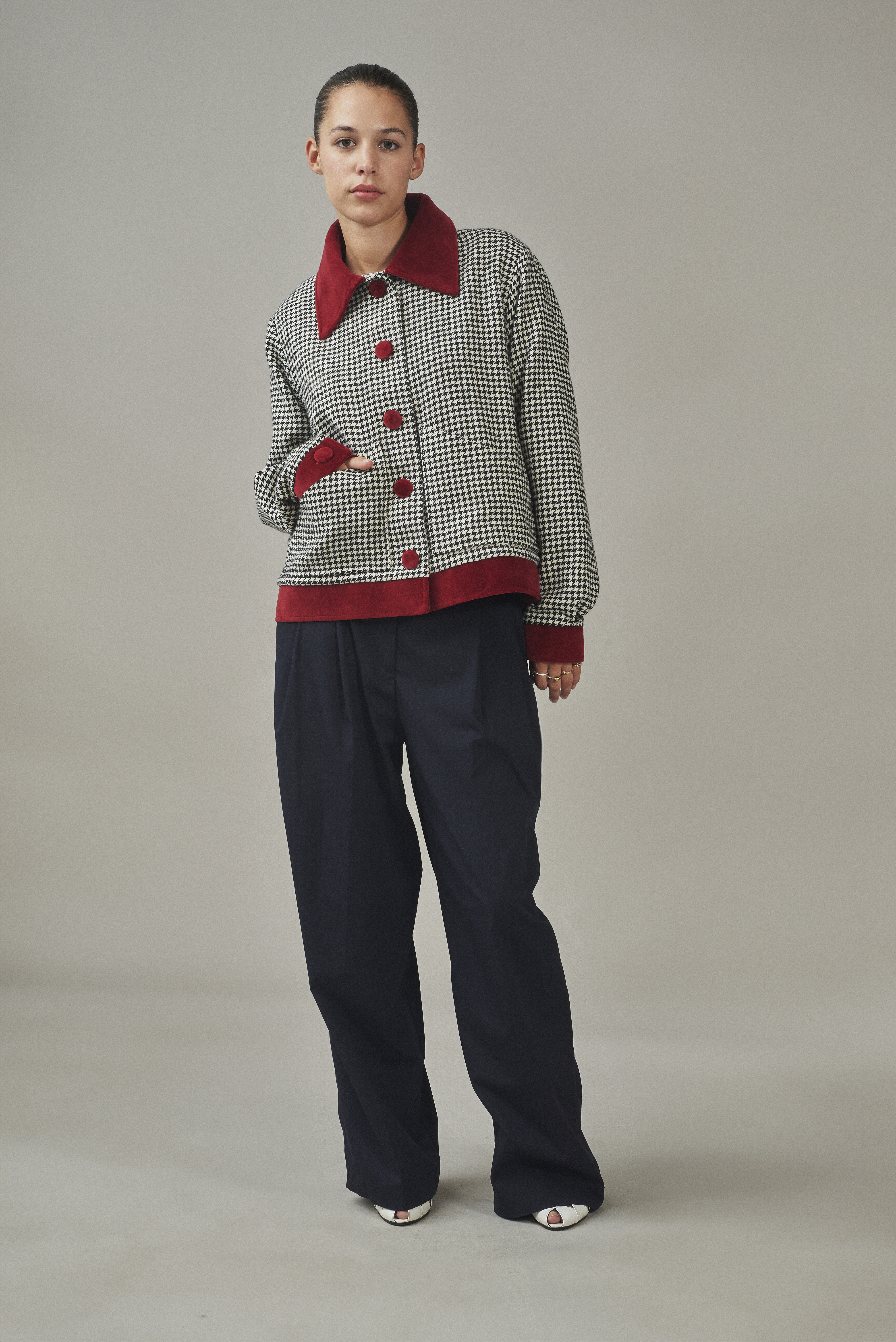 VESTE PIED DE POULE VELOURS ROUGE